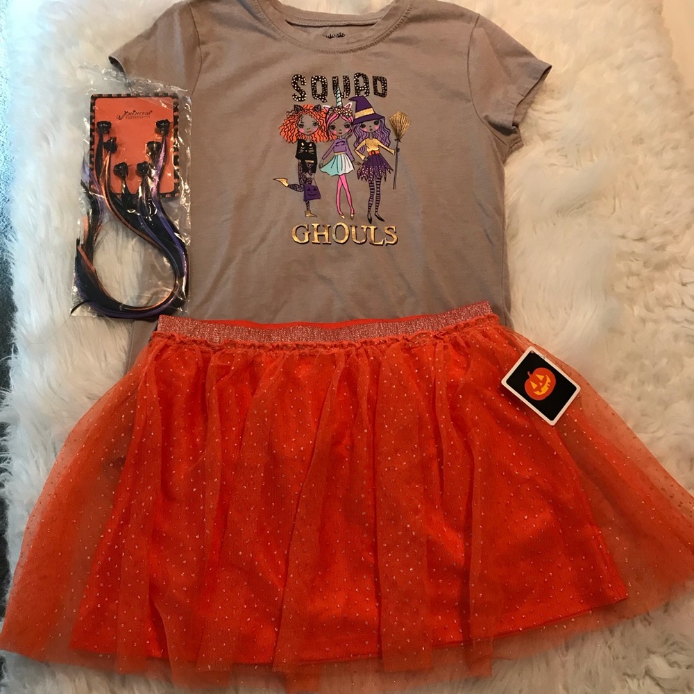 Squad Ghouls Halloween shirt skirt outfit Kids size 12 Orange Party Hair Clips